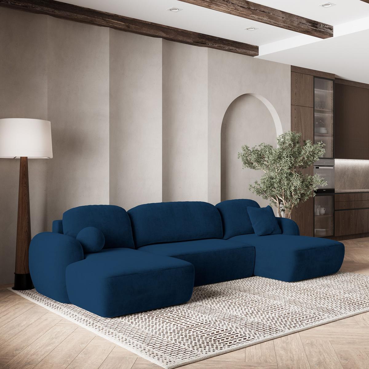 WOHNLANDSCHAFT SAVONA K Blau Plüsch-Stoff mit Schlaffunktion - Blau/Schwarz, Holz/Kunststoff (320/90/148cm) - MASSENO