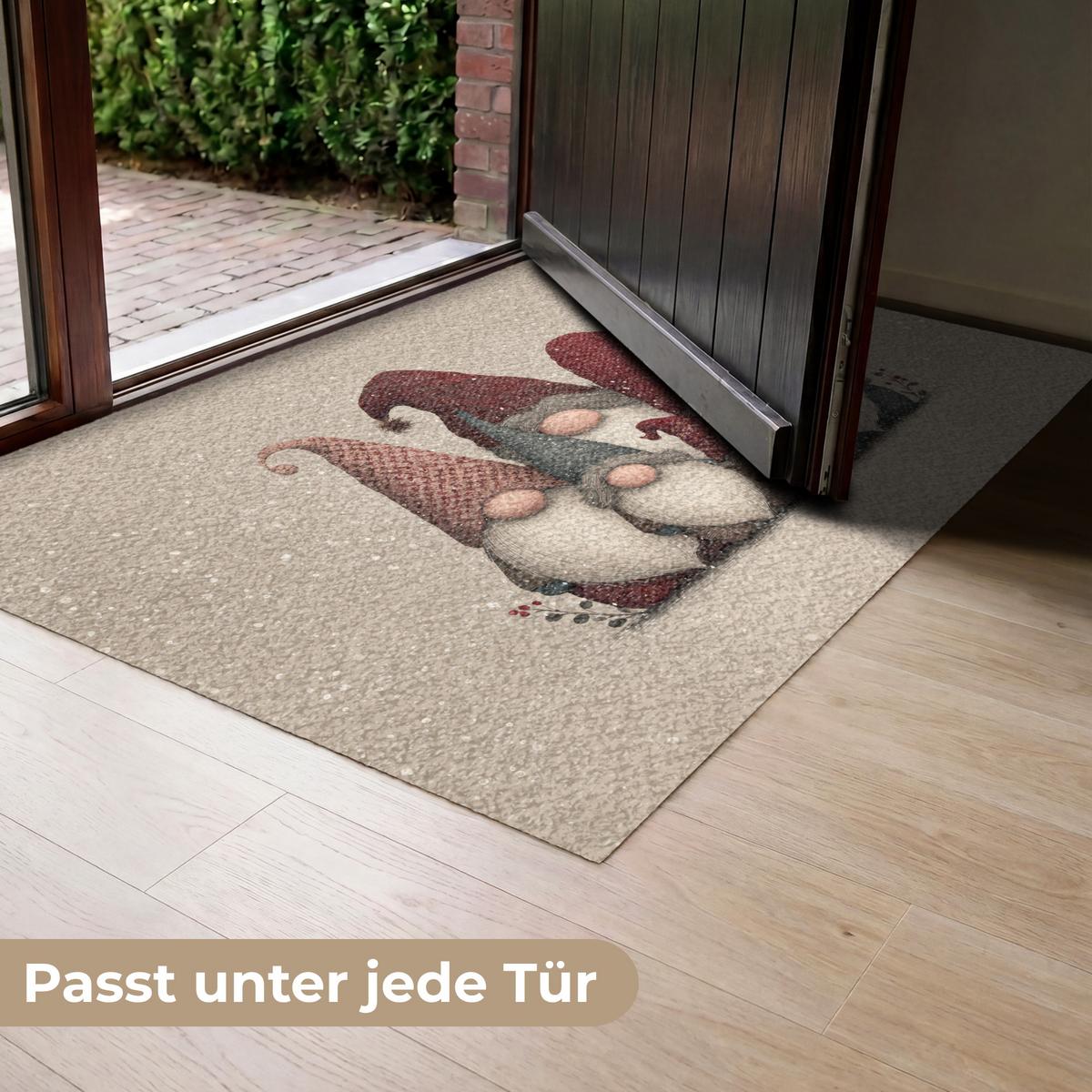 FUSSMATTE Wichtel - Weihnachten - Schnee - Zipfelmützen Türmatte 120x80 cm - Beige, Kunststoff (120/0.4cm) - MuchoWow