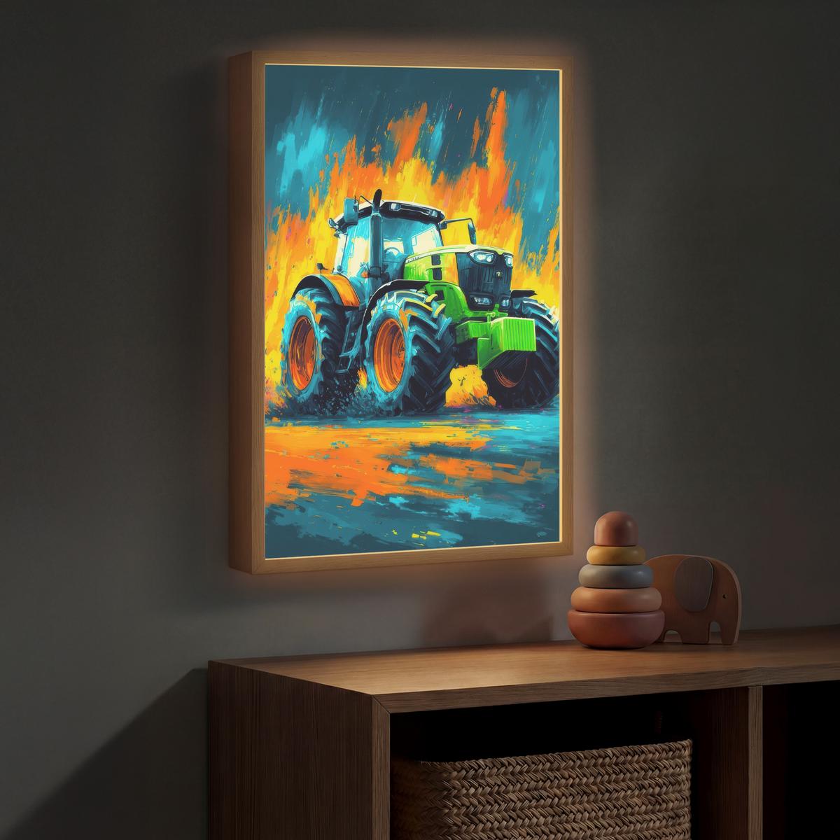 WANDLEUCHTE MIT AKKU Abstrakt - Traktor - Grün 40x60 cm - Dunkelblau, Holzwerkstoff (40/60/8cm) - OnlyWow