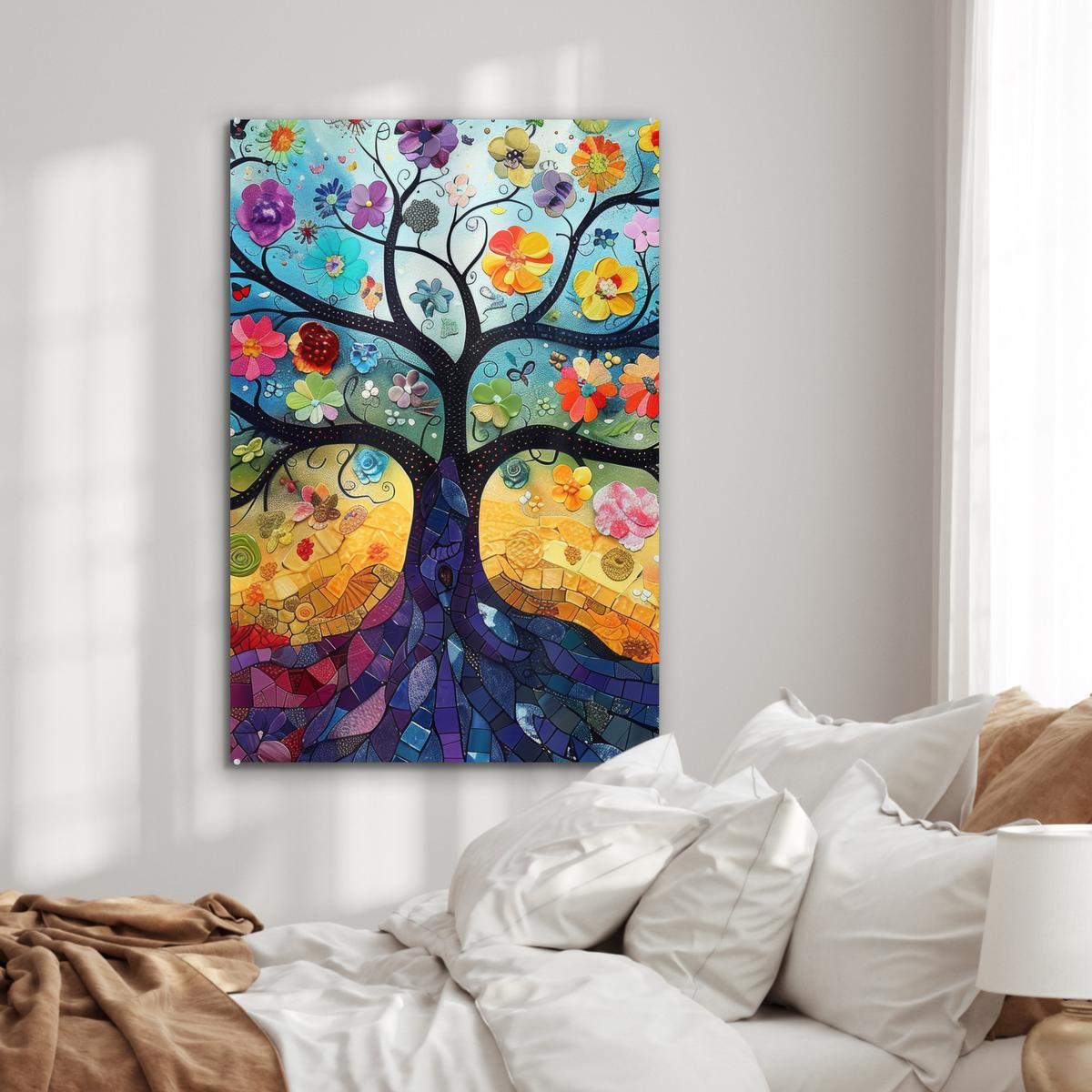 ACRYLGLASBILD Kunst - Baum des Lebens - Blumen - Hippie 80x120 cm - Dunkelblau, Glas (80/120cm) - MuchoWow