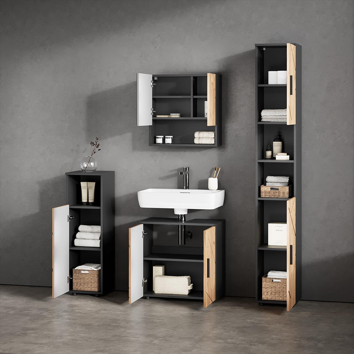 BADMÖBEL-SET Ronco Goldkraft Eiche/Anthrazit 4 Teile, mit Hochschrank - Honigeiche/Anthrazit, Holzwerkstoff (60/192/30cm) - Livinity®
