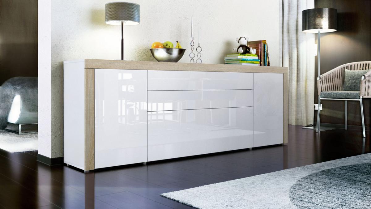 SIDEBOARD La Paz Weiß Hochglanz / Eiche sägerau - Sandfarben/Weiß Hochglanz, Holzwerkstoff (200/72/35cm) - Vladon