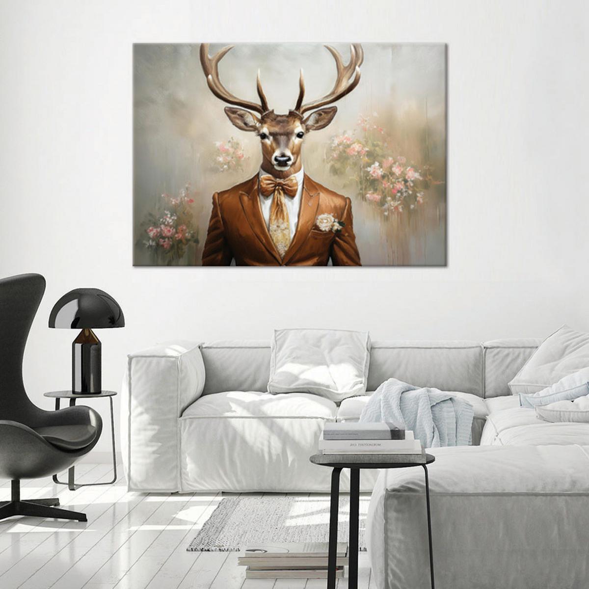 WANDBILD hirsch im anzug retro blumen - Braun, Textil (60/40cm) - Feeby