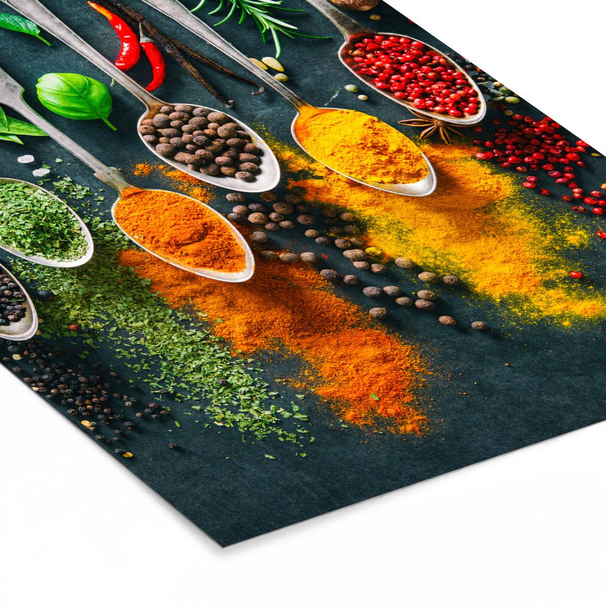 POSTER MIT RAHMENGERAHMTES BILD Kräuter - Gewürze - Löffel Bilderrahmen 30x40 cm - Currygelb, Papier (30/40cm) - MuchoWow