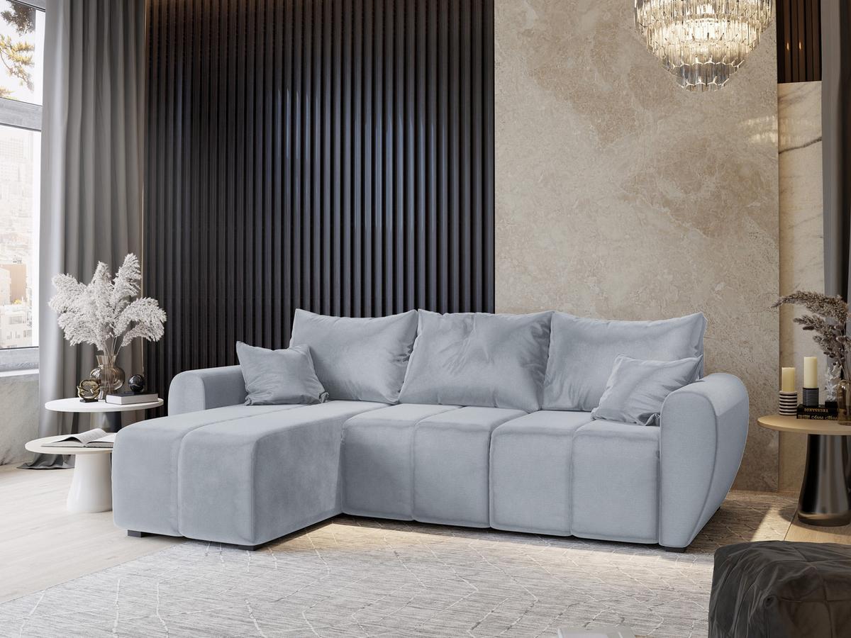 ECKSOFA MADISON Hellgrau Plüsch-Stoff mit Schlaffunktion - Hellgrau/Schwarz, Holz/Kunststoff (246/143cm) - MASSENO