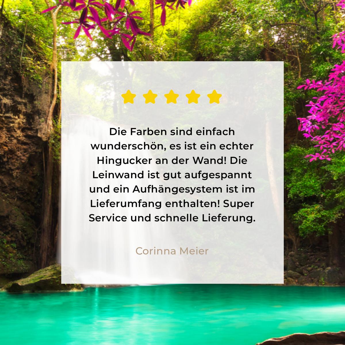 LEINWANDBILD Wasserfall mit bunten Blumen und Bäumen - Natur - Dschungel Groß 140x90 cm - Waldgrün, Textil (140/90cm) - MuchoWow