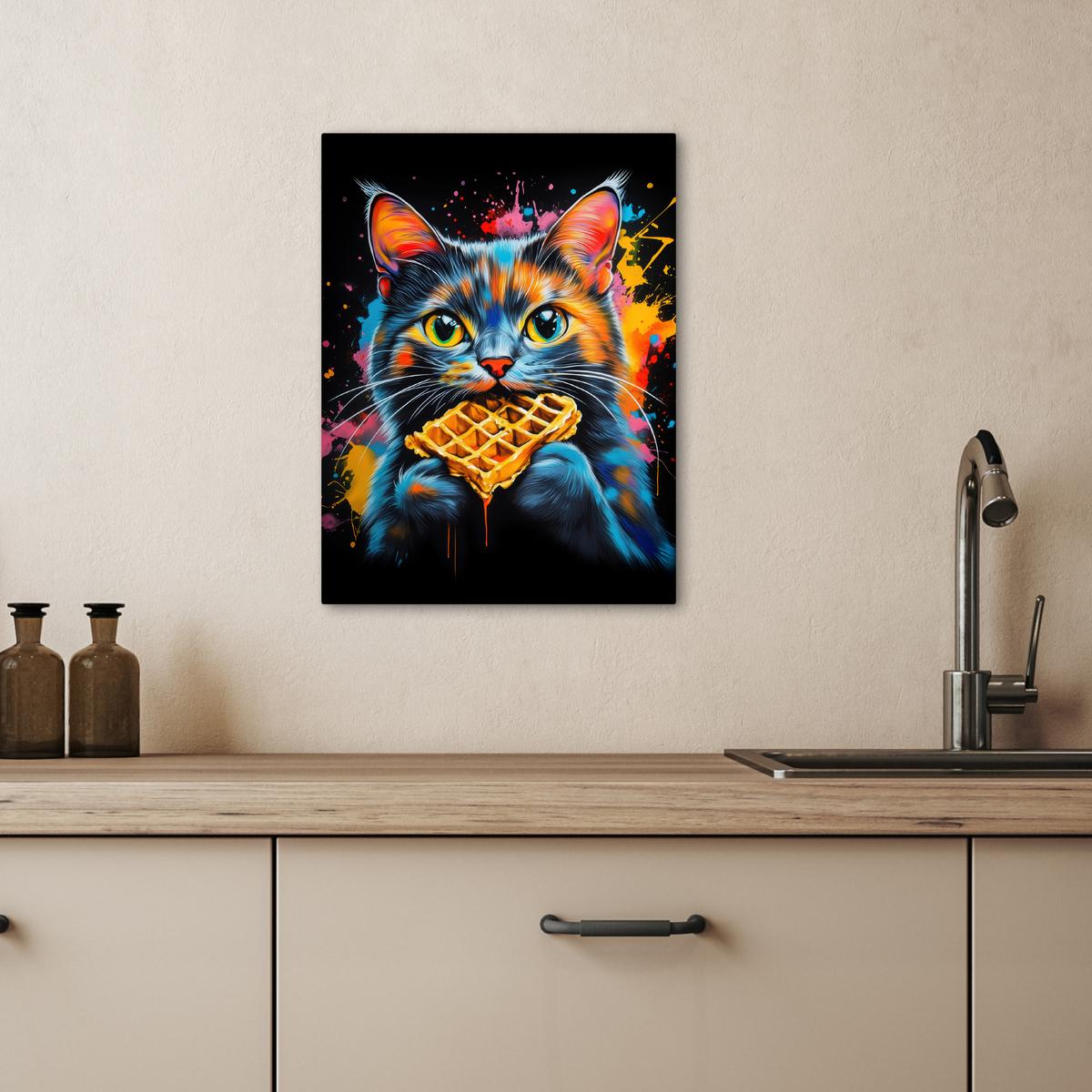 LEINWANDBILD Katze - Graffiti - Bunt - Waffel - Essen Room Decor 30x40 cm - Türkis, Textil (30/40cm) - MuchoWow
