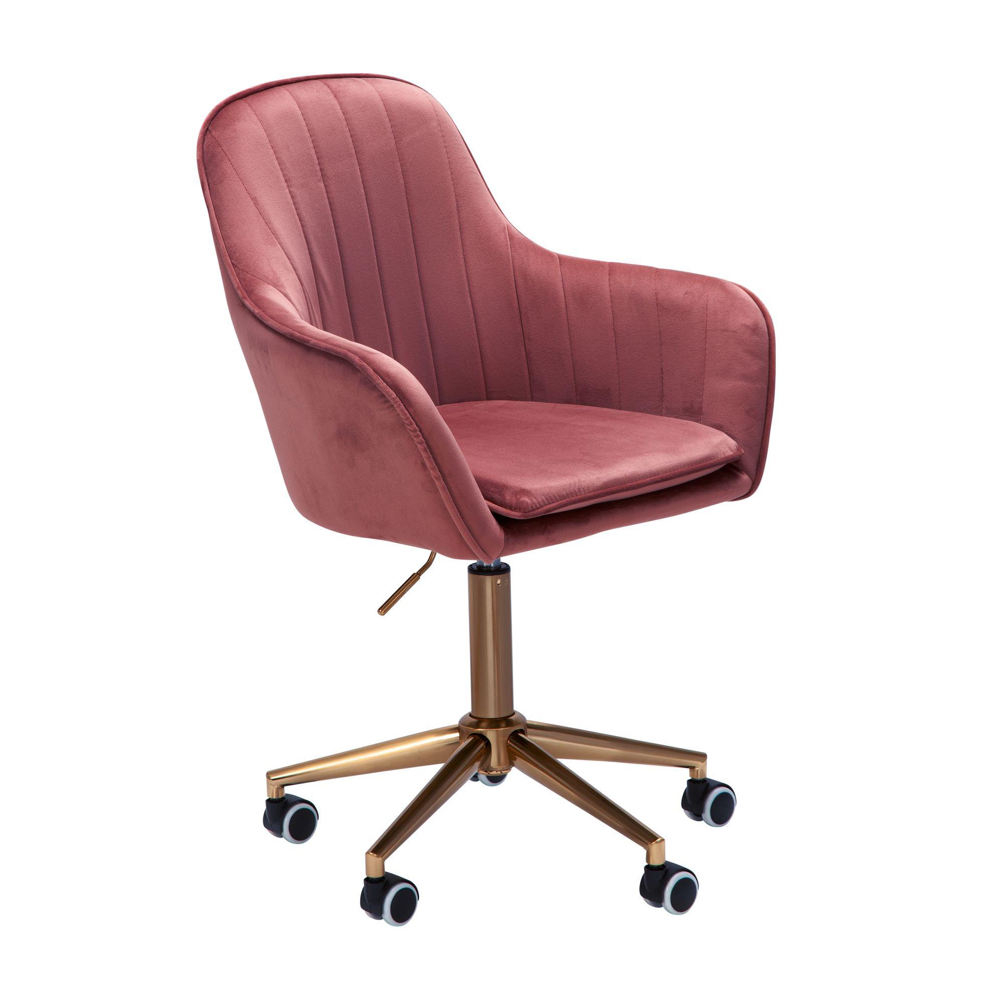 SCHREIBTISCHSTUHL Samt drehbar mit Lehne, Schalenform, Rollen und Höhenverstellung, Rosa 54x52x105 cm - Pink/Goldfarben, Textil/Metall (54/105/52cm) - KADIMA DESIGN