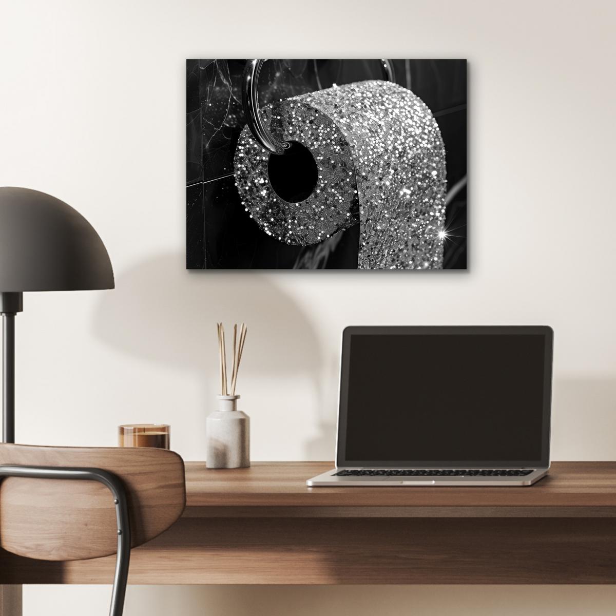 METALLBILD WC - Toilettenpapier - Schwarz und weiß - Glitter 40x30 cm - Silberfarben, Metall (40/30cm) - MuchoWow