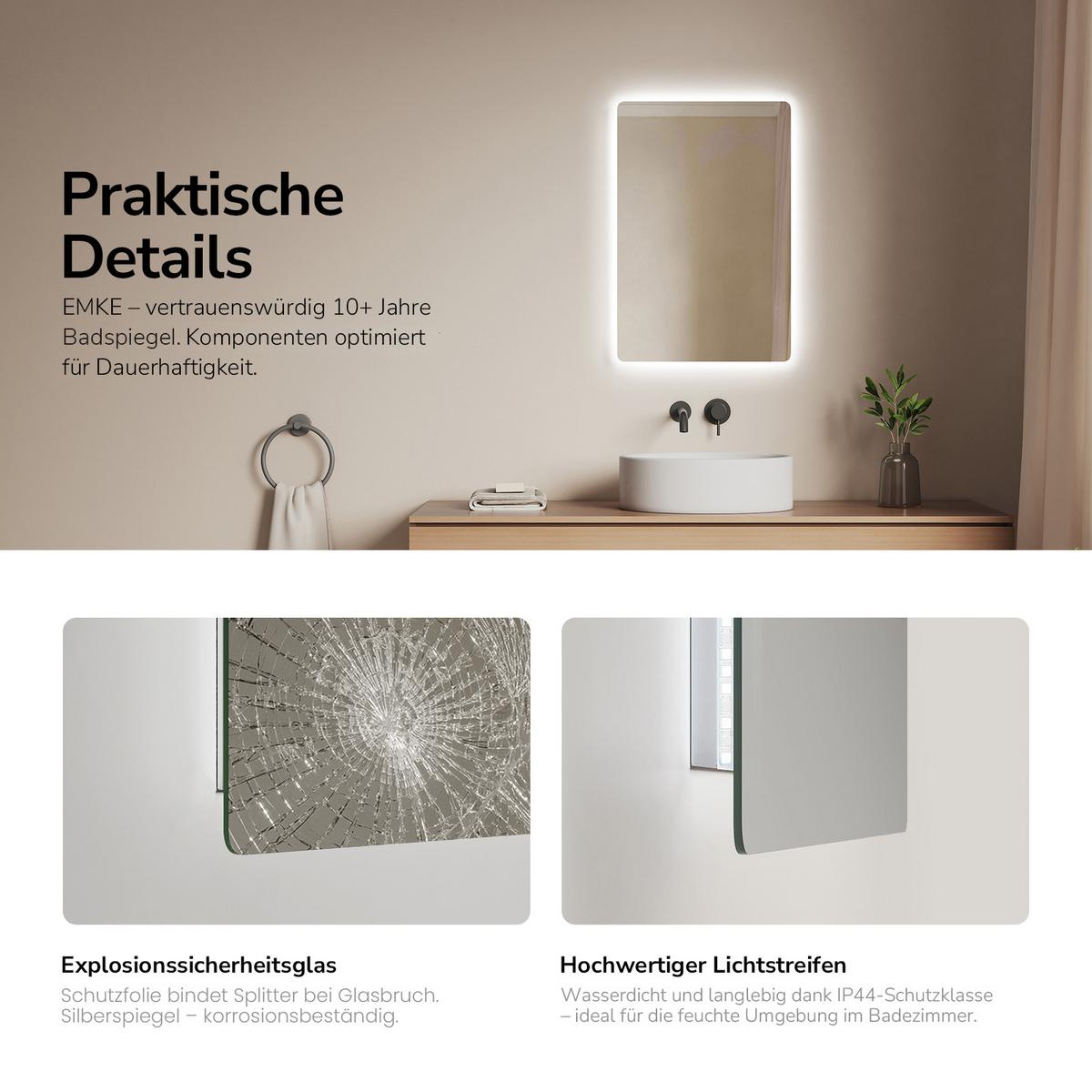 BADSPIEGEL LED abgerundet Kaltweiß/Warmweiß Wippschalter seitlich 60/40 cm - Transparent, Glas (60/40/3.6cm) - EMKE