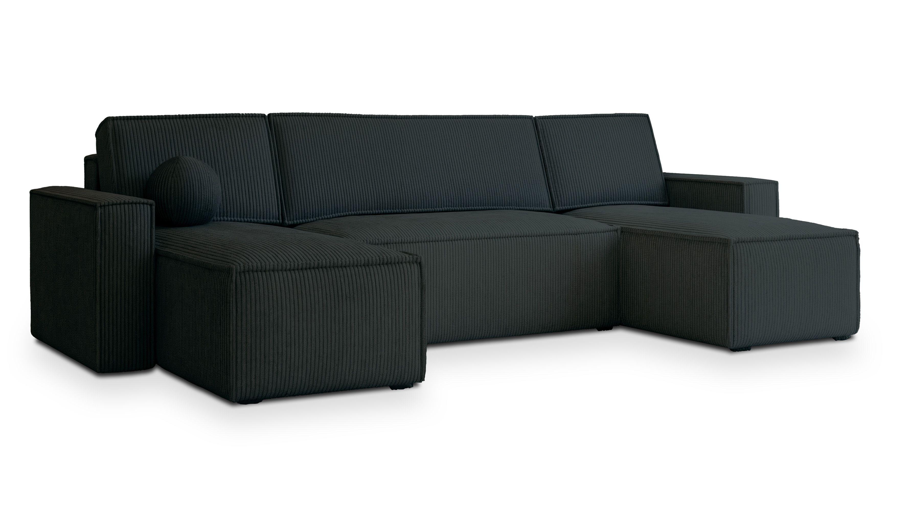 WOHNLANDSCHAFT PESANO P Schwarz Kordstoff mit Schlaffunktion - Schwarz/Grau, Holz/Kunststoff (306/85/140cm) - MASSENO