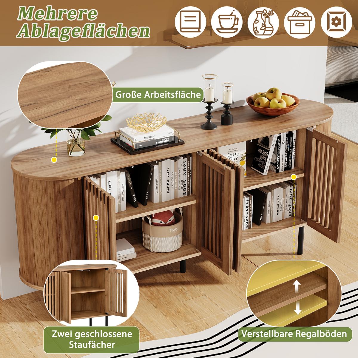 SIDEBOARD Naturholzoptik 160cm mit 4 Lamellentüren & Metallfüßen - Naturfarben, Holzwerkstoff (160/70/40cm) - Urban Meuble