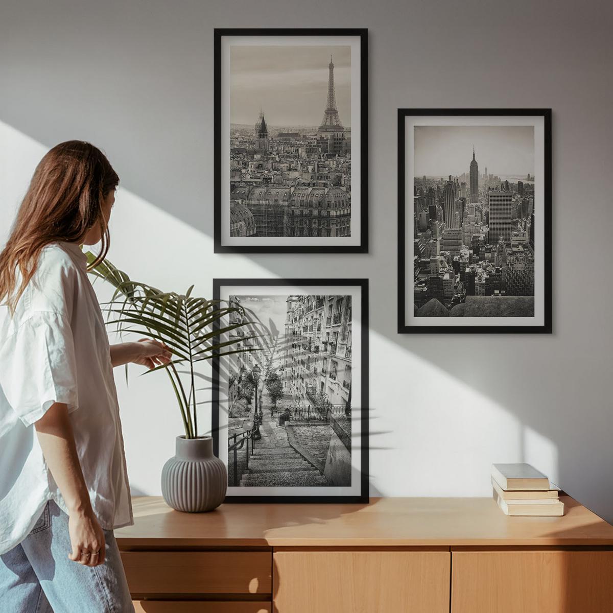 BILDER SET 3er Set - 40x60 cm Schwarzer Rahmen - Aussicht Paris New York Treppen - Schwarz, Kunststoff (40/60cm) - TULUP