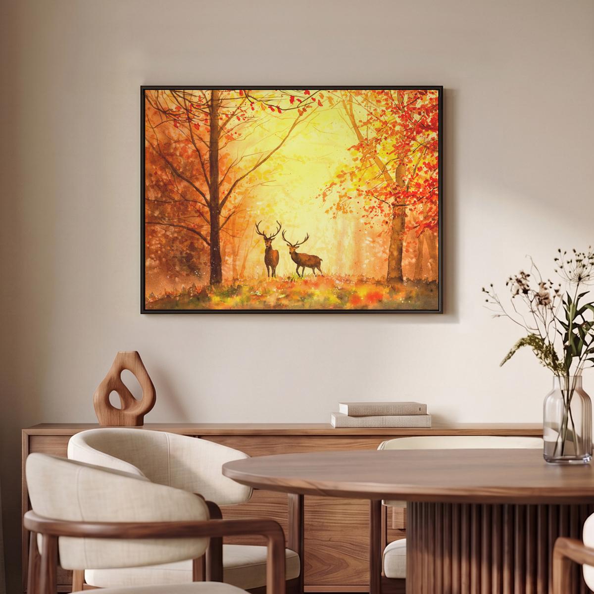 LEINWAND Bilder mit Rahmen - Natur - Ölfarbe - Hirsche - Tiere - Herbst - Orange - 70x50 - Orange, Textil (70/50cm) - MuchoWow