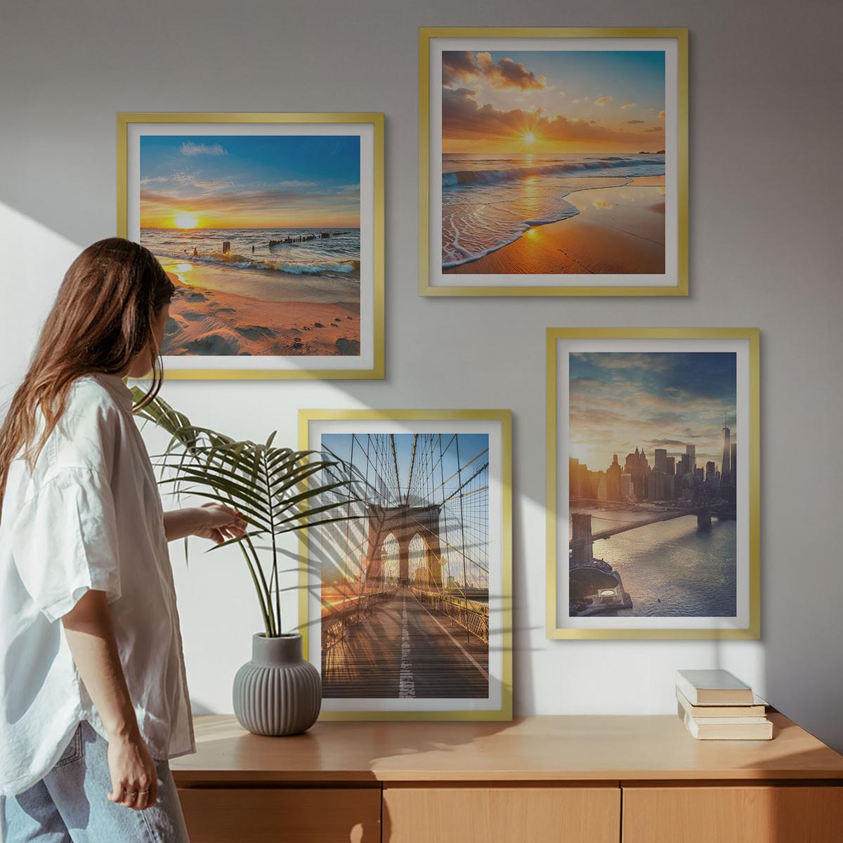BILDER SET 4er Set - 50x50 cm & 40x60 cm Goldrahmen - Brücken, Sonnenuntergänge, Stadt - Goldfarben, Kunststoff (50/50cm) - TULUP