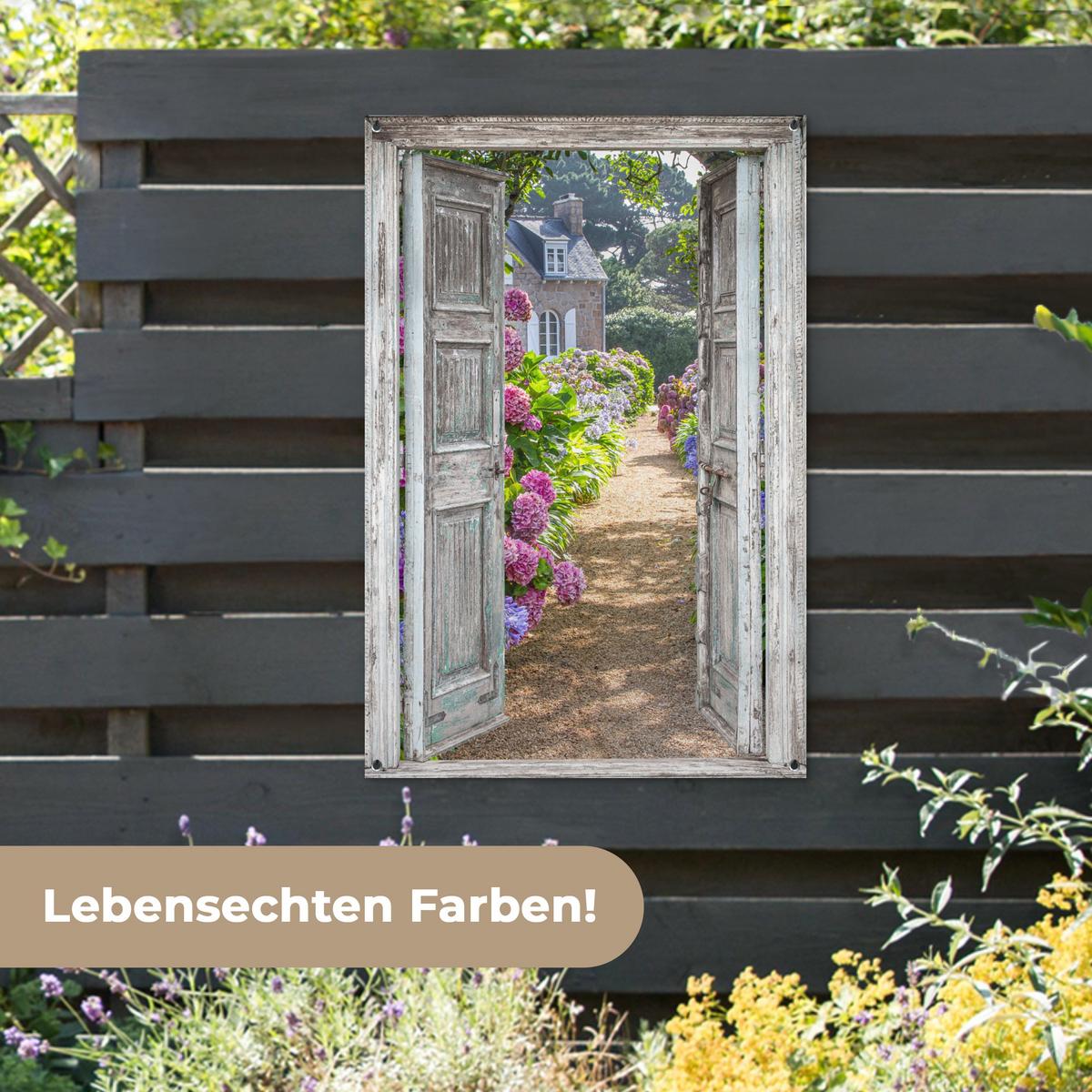 GARTENPOSTER Durchblick - Hortensie - Blumen Outdoor Bilder 80x120 cm - Hellgrau, Kunststoff (80/120/0.2cm) - OnlyWow