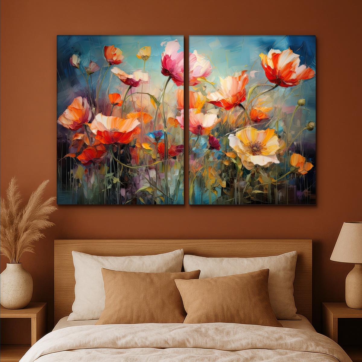 LEINWANDBILD 2er Set Blumen - Bunt - Abstrakt 180x120 cm - Blaugrau, Textil (180/120cm) - MuchoWow