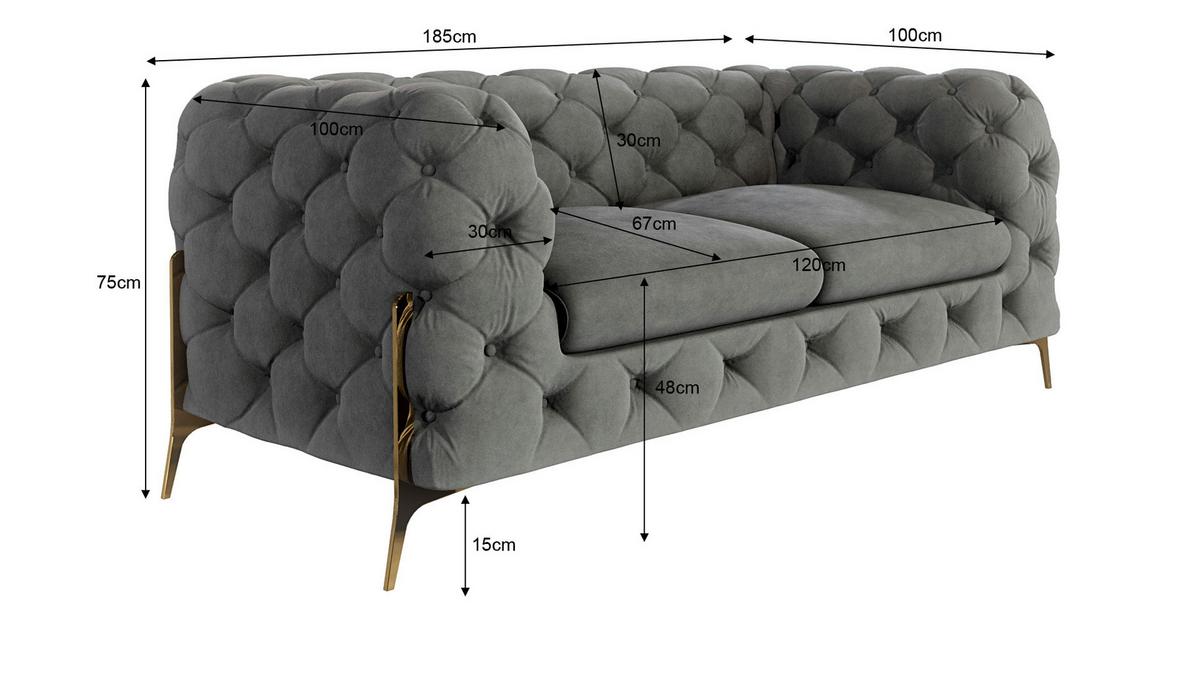 CHESTERFIELD-SOFA 2-Sitzer Lexi Grau Samt - Goldfarben/Grau, Holz/Textil (185/75/100cm) - S-Style Möbel