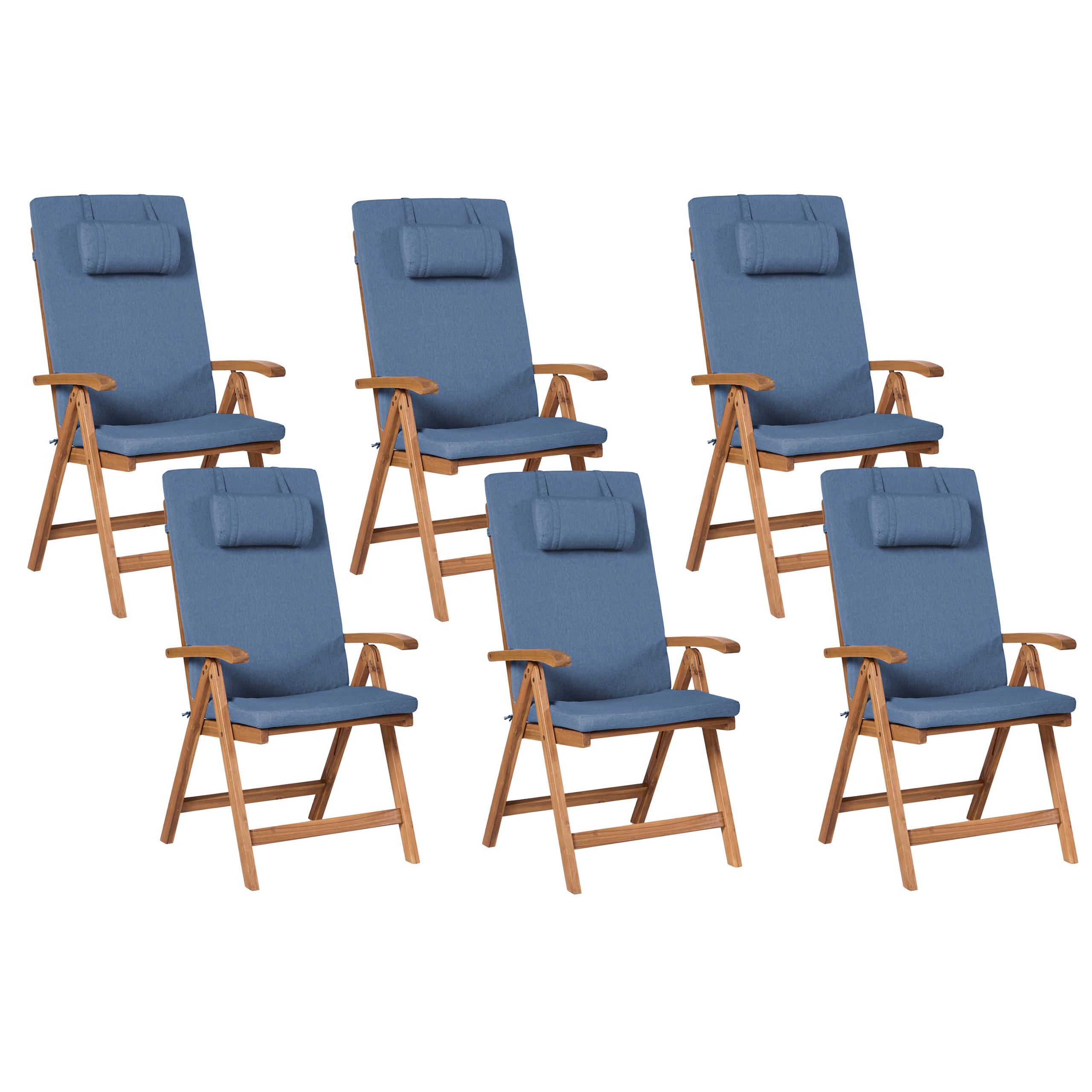 GARTENSTUHL 6er-Set und Sitzkissen Akazienholz Blau Java Premium - Hellbraun, Holz (54/105/69cm) - Beliani