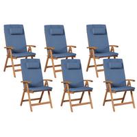 GARTENSTUHL 6er-Set und Sitzkissen Akazienholz Blau Java Premium - Hellbraun, Holz (54/105/69cm) - Beliani