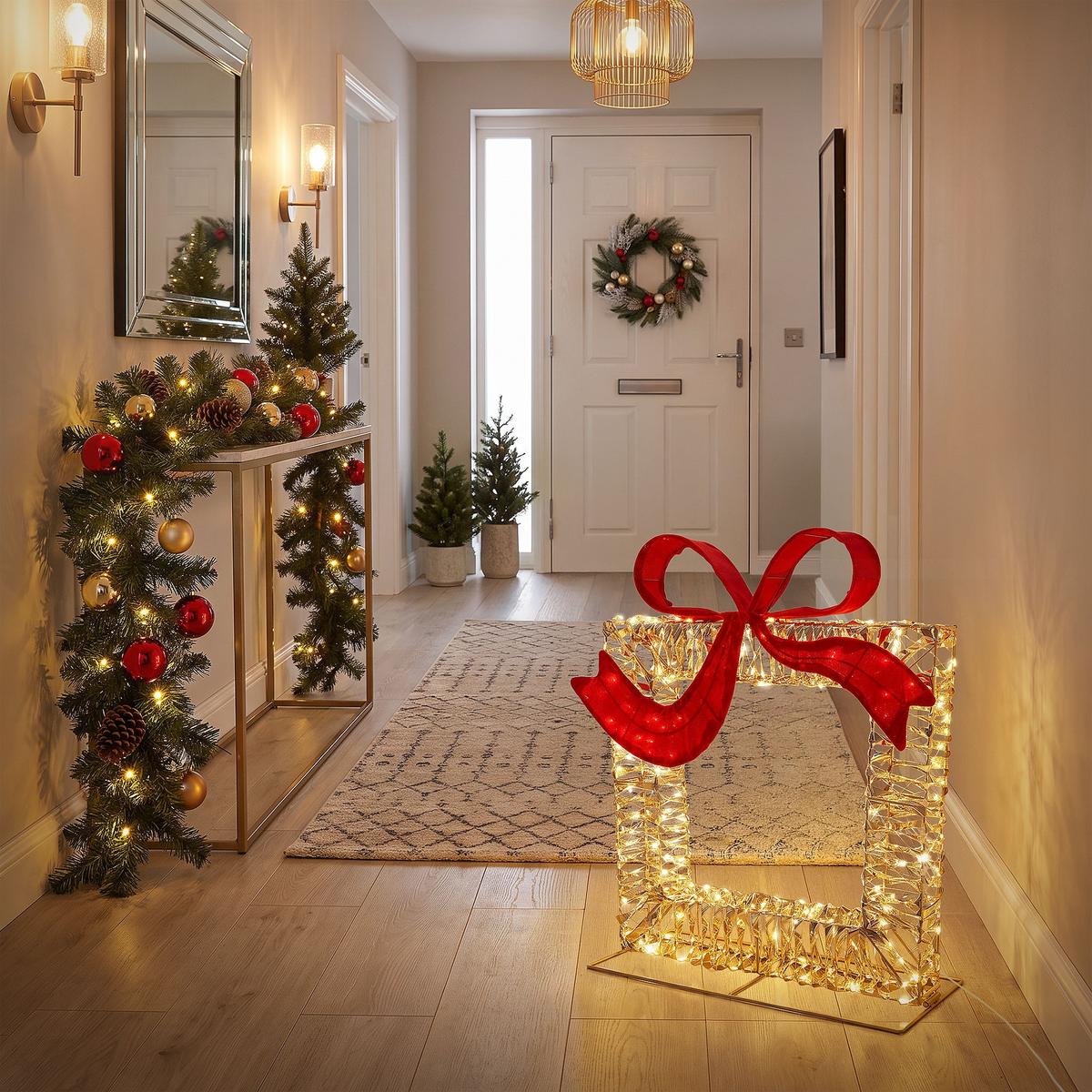 LED GESCHENKBOX WEIHNACHTEN mit Schleife Weihnachtsdeko mit Timer Außen Weihnachtsbeleuchtung 500 LEDs Warmweiß 58x63 cm - Goldfarben, Kunststoff (58/63/21.5cm) - ECD-Germany