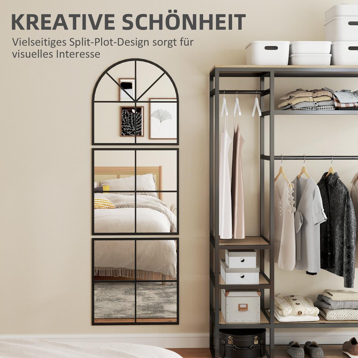 WANDSPIEGEL dreiteilig, bogenförmiger Spiegel mit Metallrahmen Hängespiegel - Schwarz, Glas (2/180/60cm) - HOMCOM
