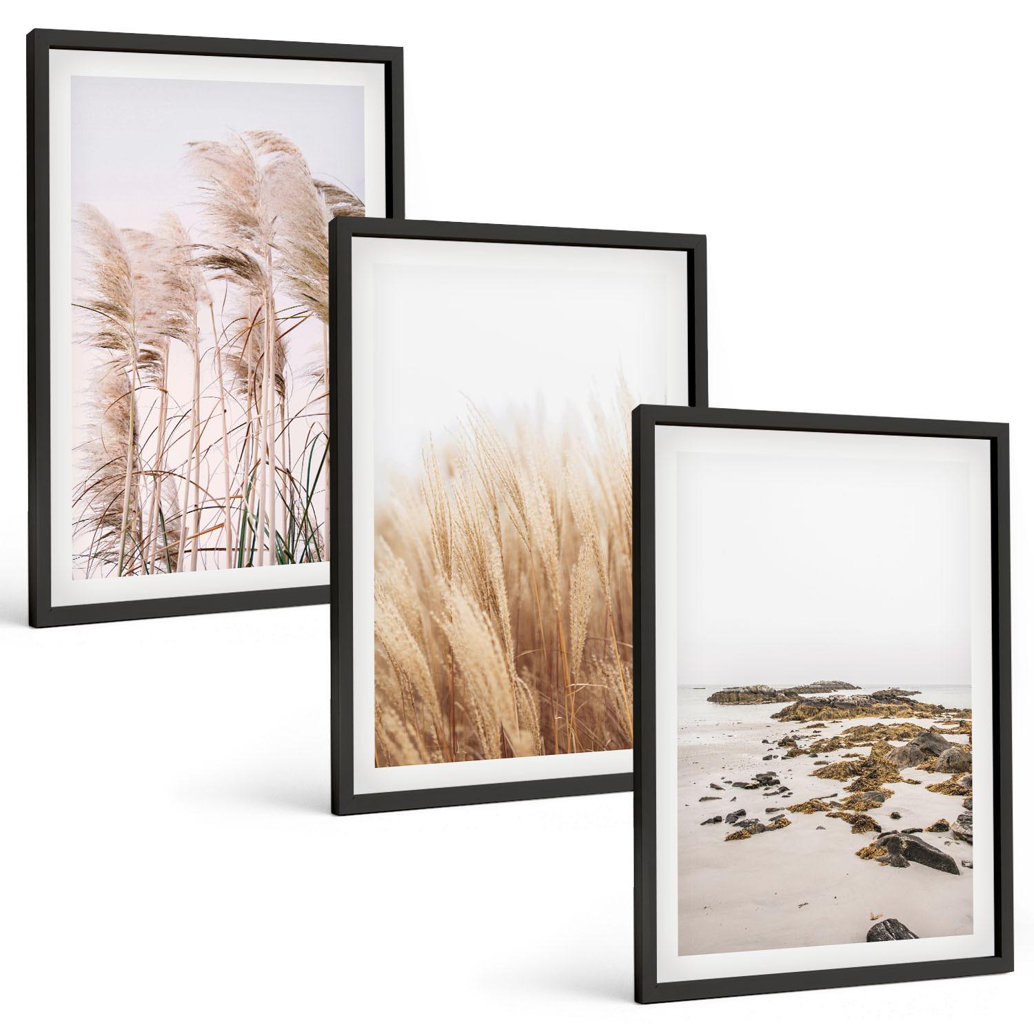 BILDER SET 3er Set - 40x60 cm Schwarzer Rahmen - Pampasgrasfelder und ein Boho-Strand - Schwarz, Kunststoff (40/60cm) - TULUP