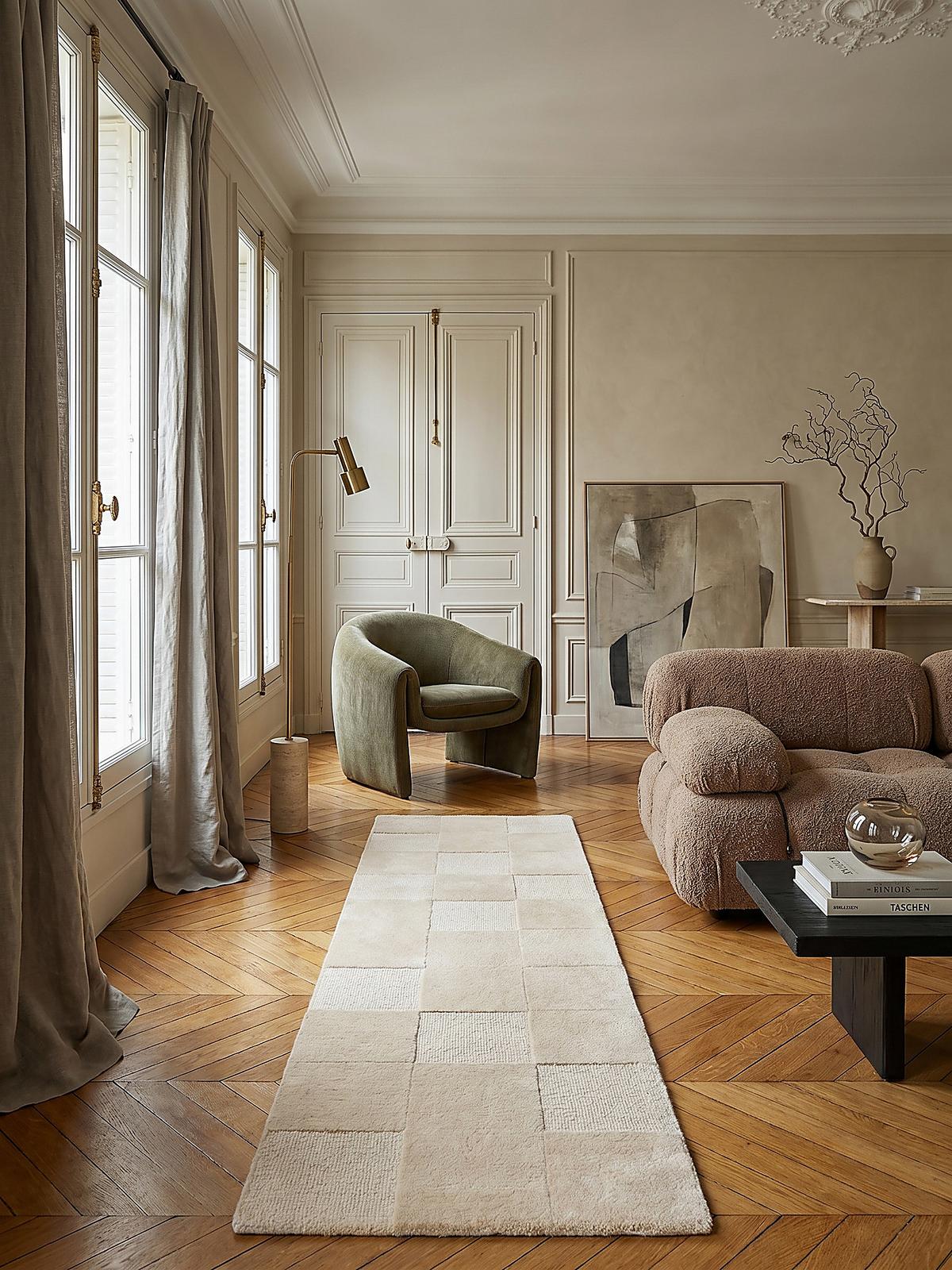 WOLLTEPPICH DEBEN, mit Schachbrettmuster, Natur, 60 x 230 cm - Beige, Textil (60/230cm) - KADIMA DESIGN
