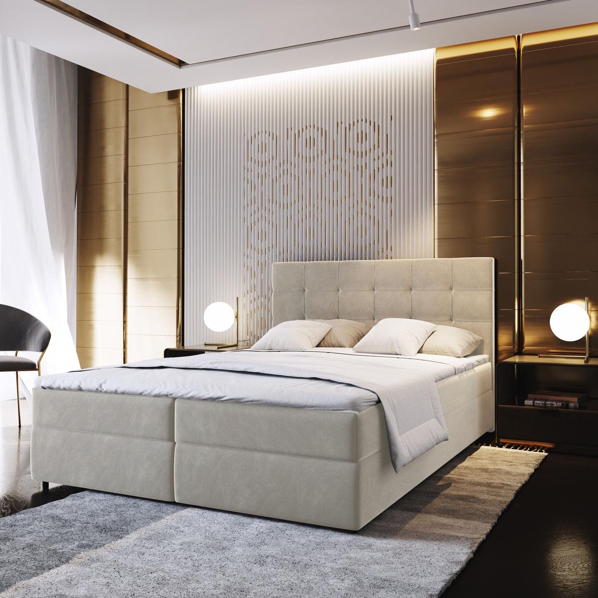 BOXBETT GLOS 140x200 cm mit Matratze und Topper, H2+H3 - Beige - Beige, Holz (140/200cm) - MASSENO