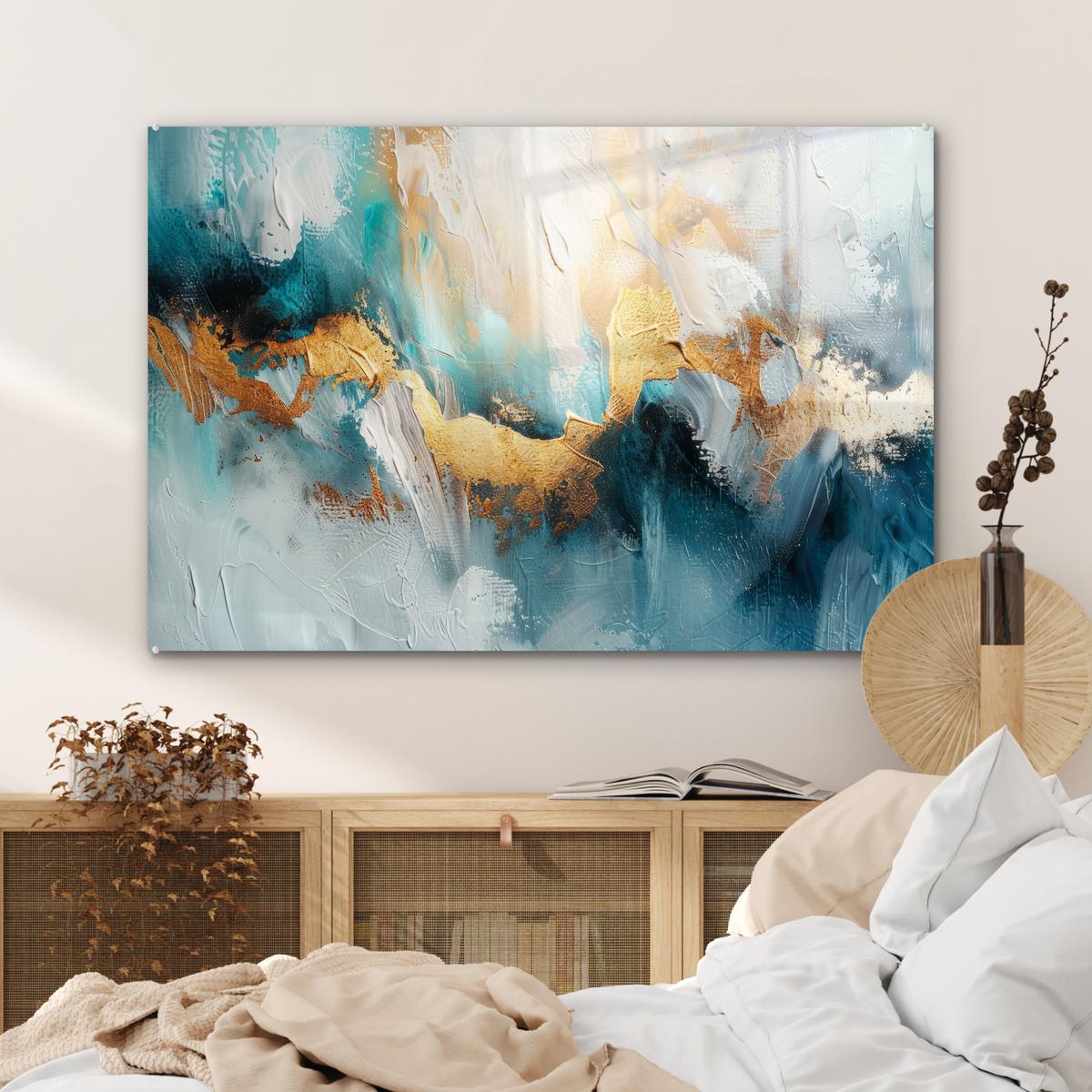 ACRYLGLASBILD Abstrakt - Kunst - Gold - Blau Wandbild Schlafzimmer 120x80 cm - Petrol, Glas (120/80cm) - MuchoWow