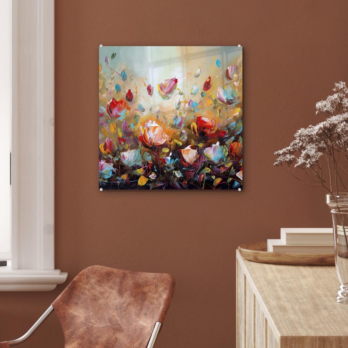 ACRYLGLASBILD Blumen - Kunst - Natur - Ölgemälde 50x50 cm - Multicolor, Glas (50/50cm) - MuchoWow