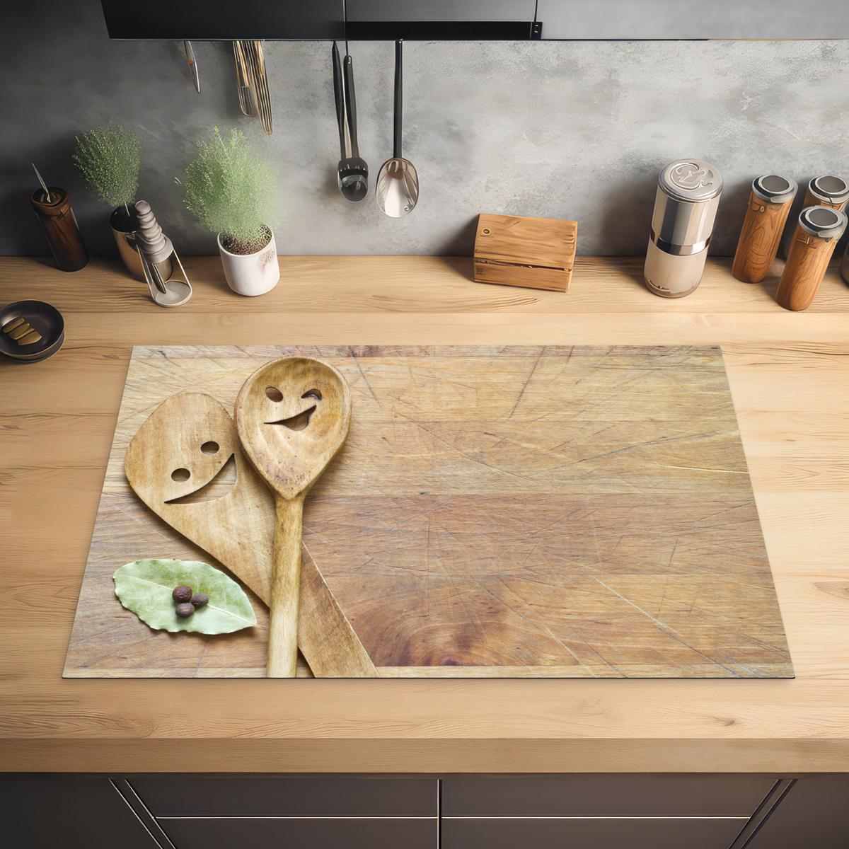 HERDABDECKPLATTE Holz - Löffel - Braun - Smiley Abdeckung Ceranfeld 81.2x52 cm - Hellbraun, Kunststoff (81.2/52/0.2cm) - MuchoWow