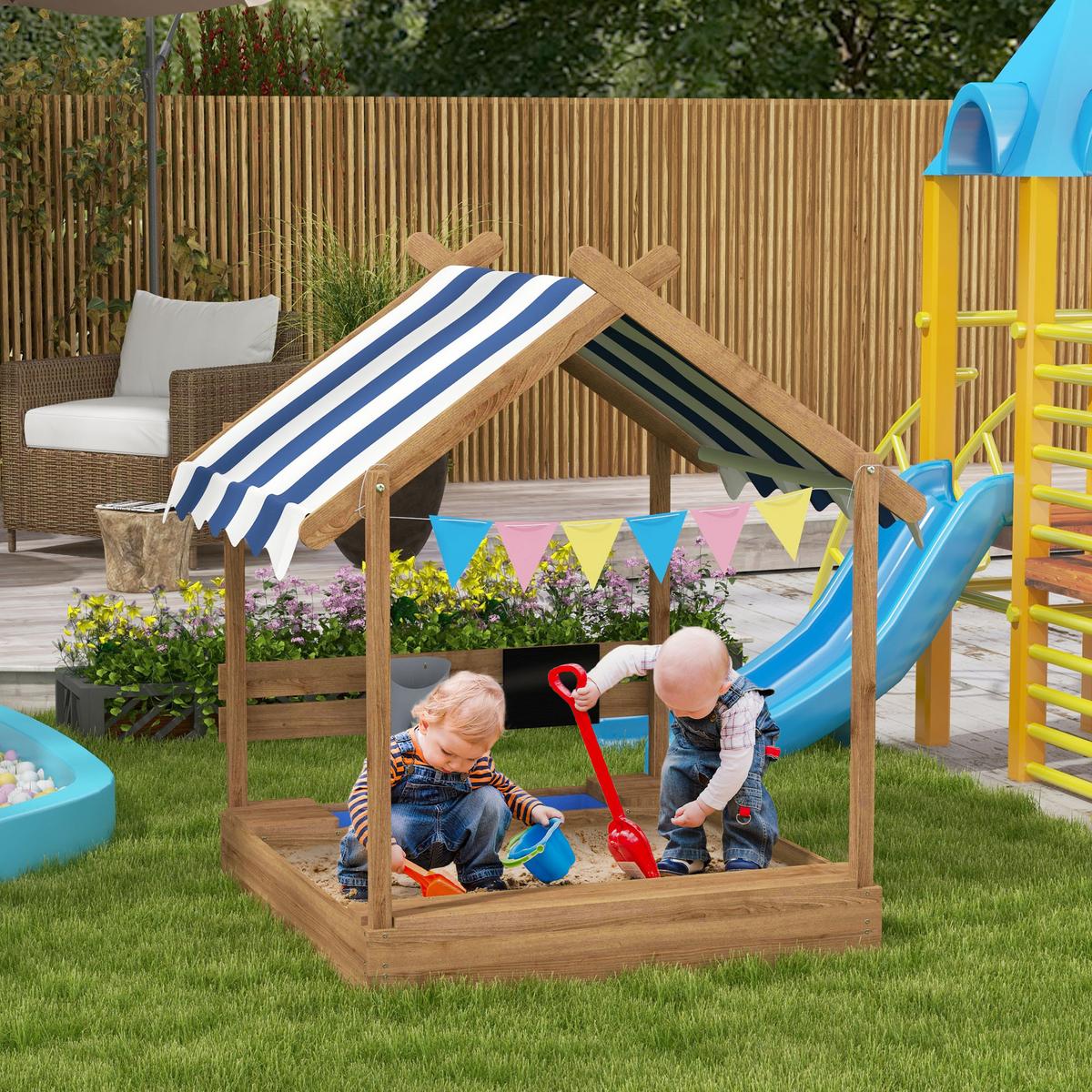 SANDKASTEN mit Dach, Sandkiste aus Holz mit Sitzplatz, Spielhaus, Garten, Braun - Braun, Holz (124/116/146cm) - Outsunny