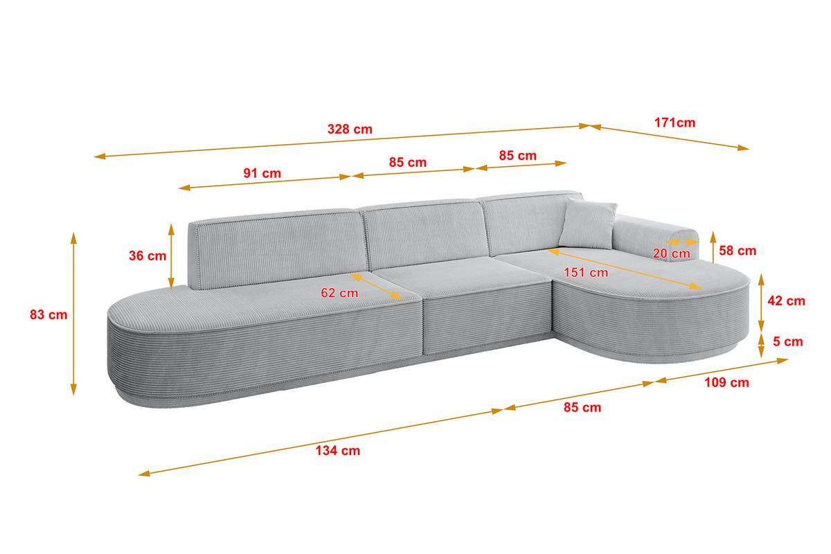 ECKSOFA Ottomane Rechts MARI-L2-v3 - 328x171x83 cm Grau Cord - Schwarz/Grau, Holzwerkstoff/Kunststoff (171/328cm) - ALTDECOR