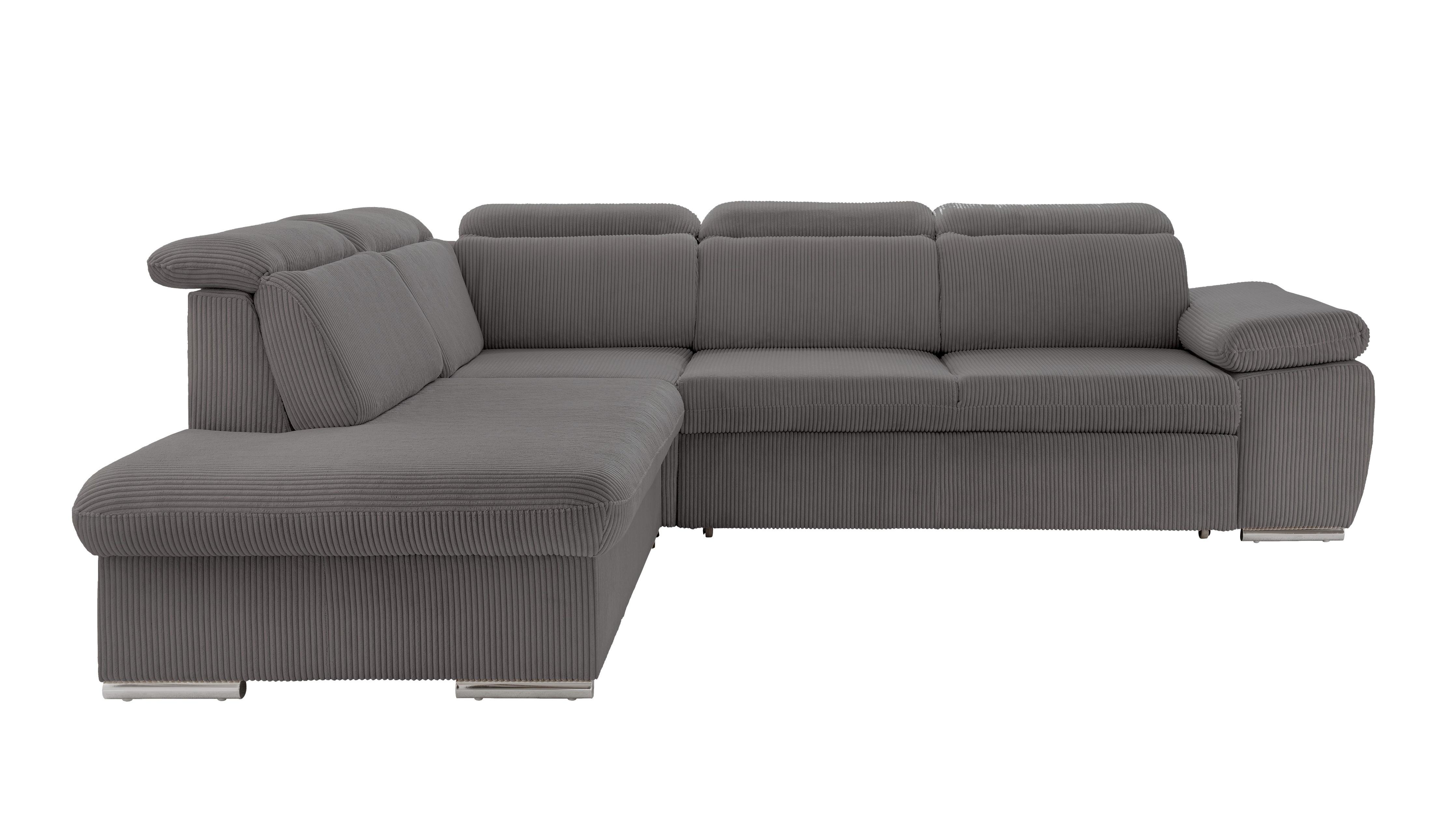 ECKSOFA mit Schlaffunktion, Bettkasten, Kopfstützen verstellbar, Wellenunterfederung, Ottomane links B283/T228/H102 cm, Cord Dunkelgrau / 17219 - Chromfarben/Dunkelgrau, Textil/Metall (283/228cm) - luma-home
