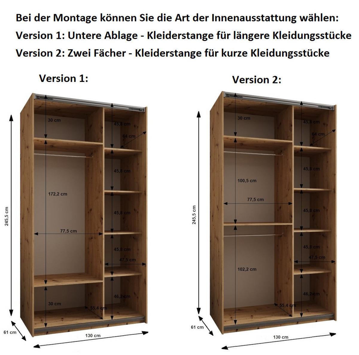 SCHWEBETÜRENSCHRANK 245,5/130/64 2-türig - Schwarz/Eiche Artisan, Holz/Metall (130/245/64cm) - Abiks Möbel