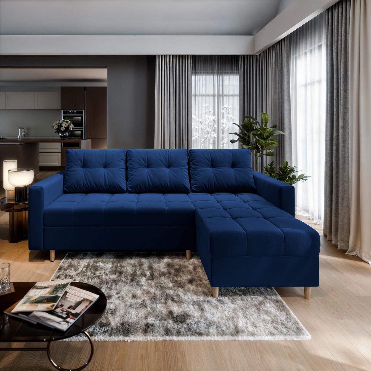 ECKSOFA MILO L Blau Plüsch-Stoff mit Schlaffunktion - Blau/Braun, Holz/Textil (220/140cm) - MASSENO