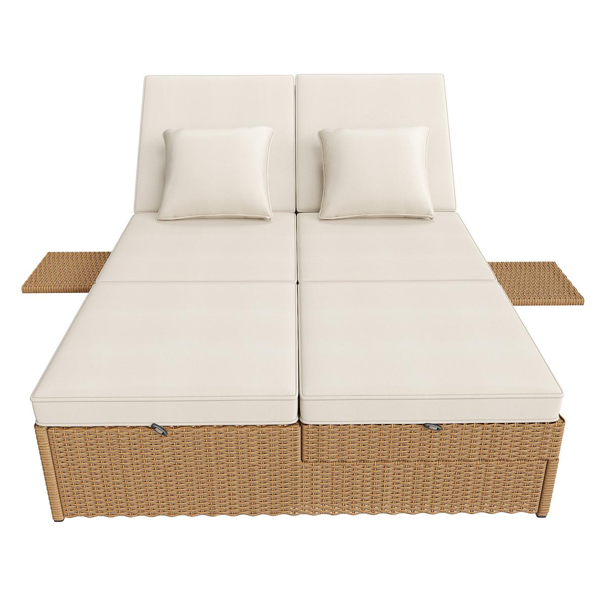 DOPPEL-SONNENLIEGE 199 cm Polyrattan Natur Gartenliege für 2 Personen mit verstellbarer Rückenlehne & Polster - Weiß, Metall (199/37/120cm) - Urban Meuble