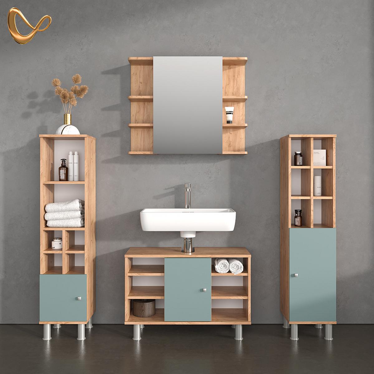 BADMÖBEL-SET Fucino Grün 4 Teile, mit Midischränke - Grün, Holzwerkstoff (60/54/32cm) - Livinity®