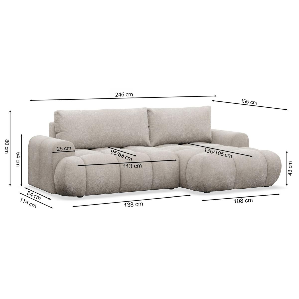 ECKSOFA Ombo Mini, Hellgrau Bouclé, rechtsseitig - Hellgrau/Schwarz, Kunststoff/Textil (155/246cm) - Selsey