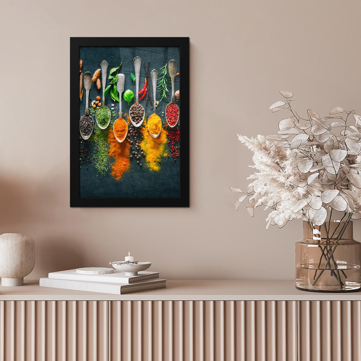 POSTER MIT RAHMENGERAHMTES BILD Kräuter - Gewürze - Löffel Poster 20x30 cm - Currygelb, Papier (20/30cm) - MuchoWow