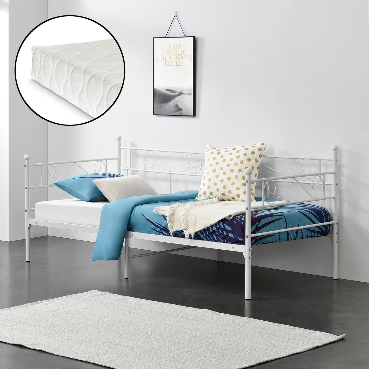 TAGESBETT Kerava mit Matratze - Weiß, Textil/Metall (90/200cm) - [en.casa]