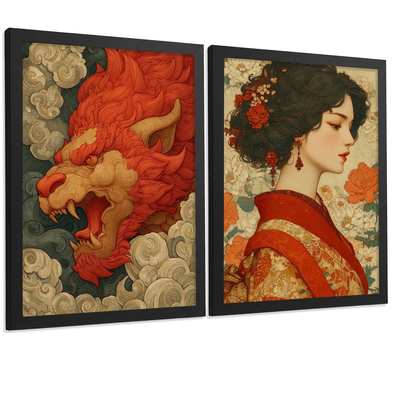 POSTER 2er-Set dekorative Badezimmer-Kunstdrucke, im japanischen Stil für Wand, Toilette mit orientalischem Drachen und Frau Schwarzer Rahmen A3 - Schwarz, Papier (42/29.7/3cm) - Nacnic