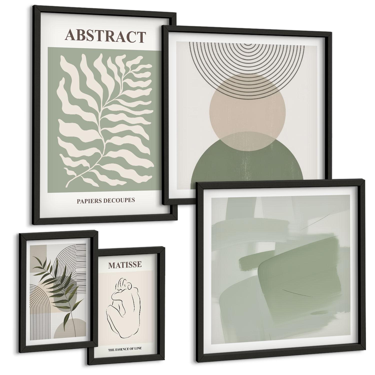 BILDER SET 5er Set - 50x50 cm & 20x30 cm & 40x60 cm Schwarzer Rahmen - Botanische Boho-Abstraktionen - Schwarz, Kunststoff (40/60cm) - TULUP