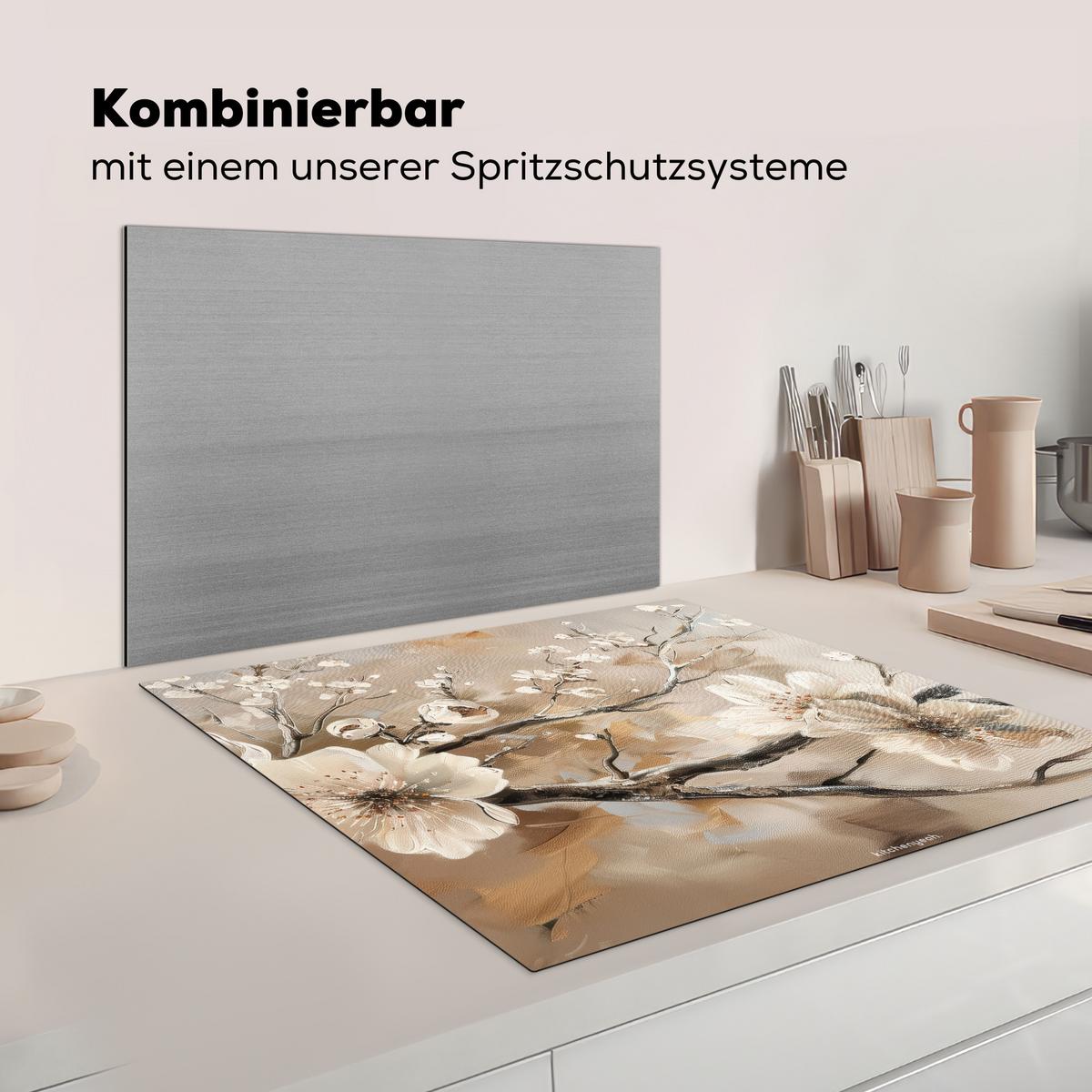 HERDABDECKPLATTE Blumen - Abstrakt - Gemalt - Beige Induktionsmatte 78x78 cm - Kaschmir, Kunststoff (78/78/0.2cm) - MuchoWow