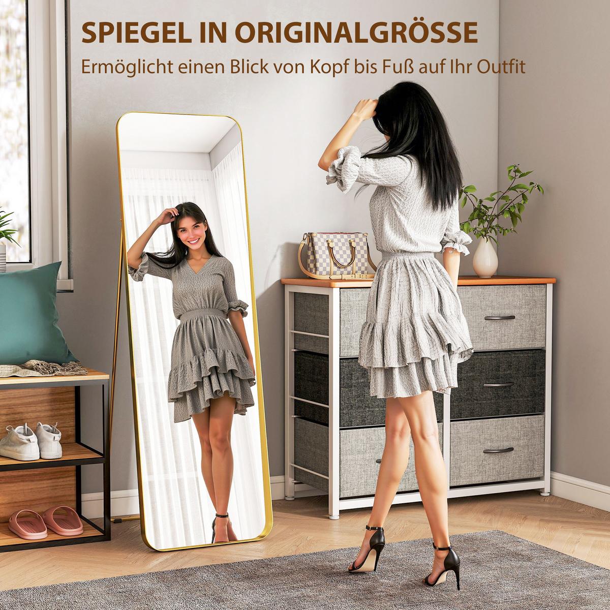 GANZKÖRPERSPIEGEL 160 x 50 cm Gewölbter Standspiegel mit Bruchsichere Glas - Goldfarben, Metall (6/160/50cm) - HOMCOM