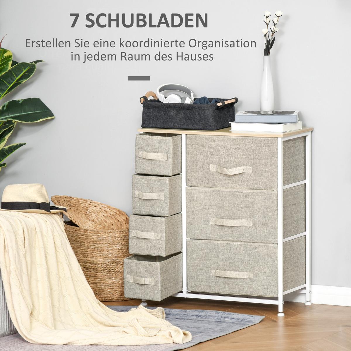 KOMMODE, Sideboard, 7 Stoffschubladen, Metallgestell, 63,5x30x71cm, Hellgrau - Hellgrau, Metall (30/71/63.5cm) - HOMCOM
