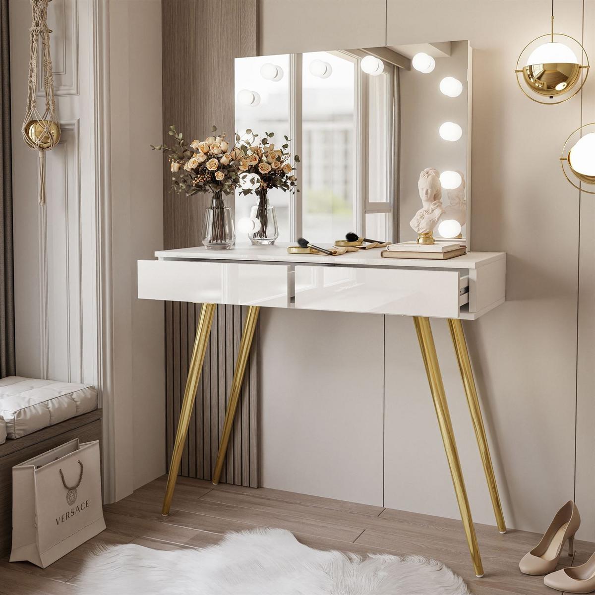 SCHMINKTISCH SIENNA GOLD ELITE mit Spiegel PUSH OPEN - Weiß Hochglanz/Goldfarben, Holzwerkstoff (100/81/42cm)