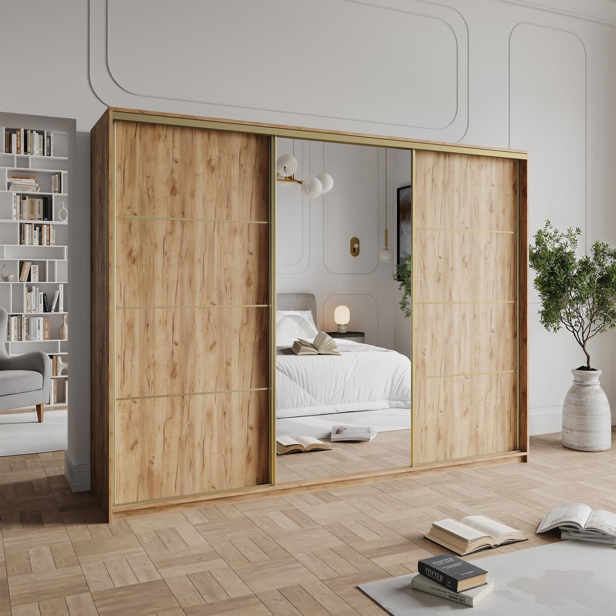 SCHWEBETÜRENSCHRANK VARO 270/205/60 cm 3-türig mit Spiegel Orange - Orange, Holzwerkstoff (270/205/60cm) - MASSENO