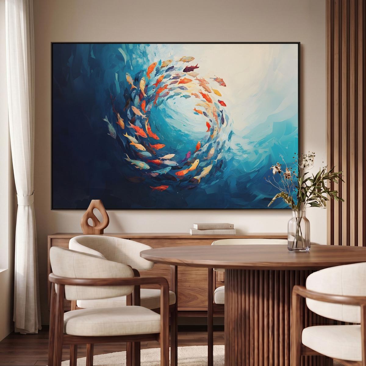 LEINWAND Bilder mit Rahmen - Meer - Fische - Bunt - Dynamisch - 140x90 - Hellblau, Textil (140/90cm) - MuchoWow